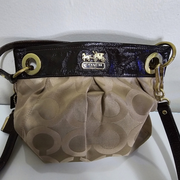 COACH Brown Tan Printed Canvas Patent Leather Top Handle Shoulder Tote Bag - Picture 6 of 16